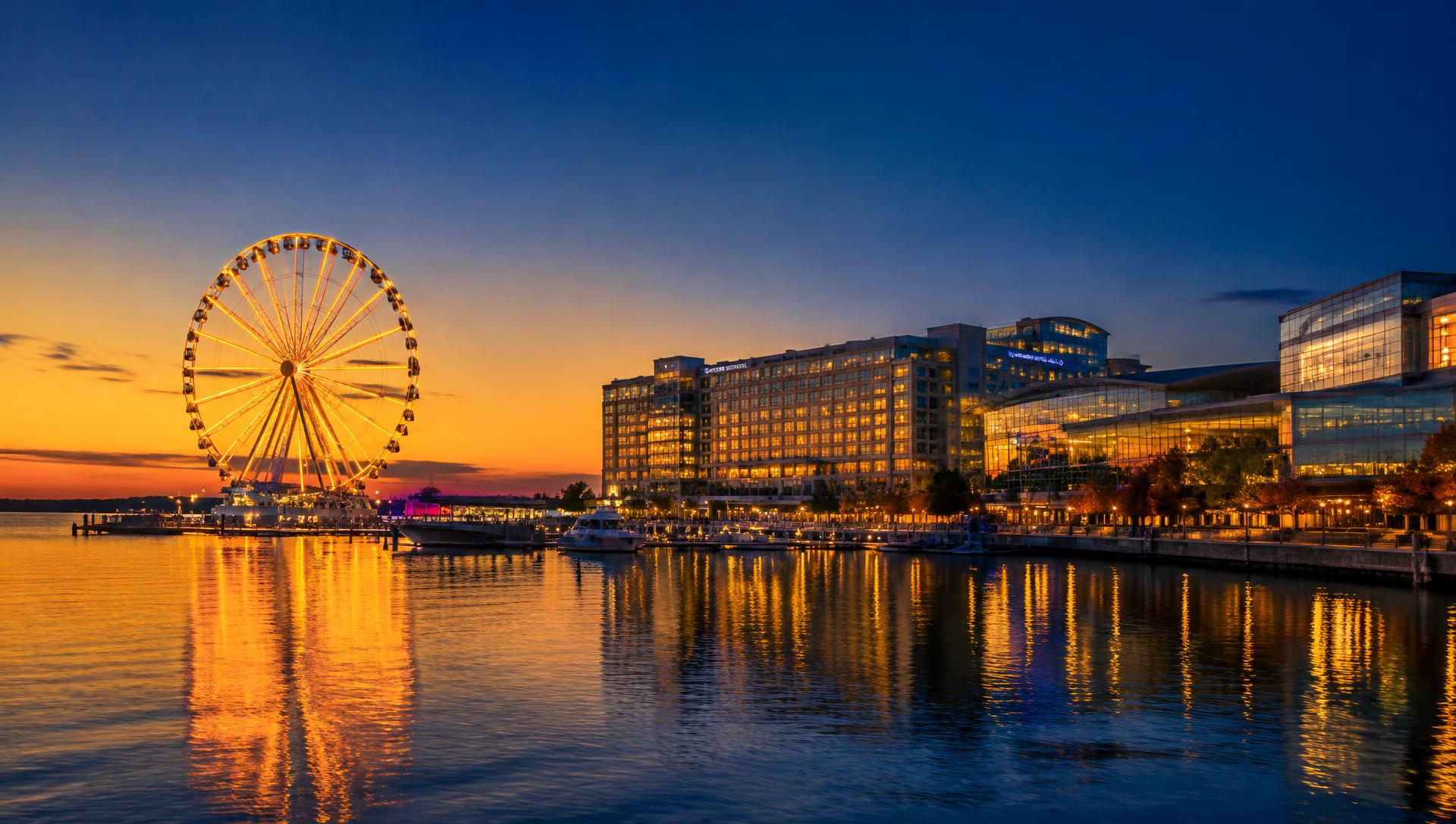National Harbor waterfront at dusk